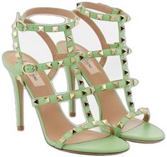 Formal Open Heel Sandals With Rubber Sole, Formal Sandals With Rubber Sole And Open Heel, Luxury Green High Heel Sandals, Luxury Heels With Leather Lining For Spring, Luxury Spring Heels With Leather Lining, Spring Party Sandals With Rubber Sole, Leather Open Toe Sandals With Studded Outsoles, Luxury Green Open Toe Sandals, Luxury Green Open Heel Sandals