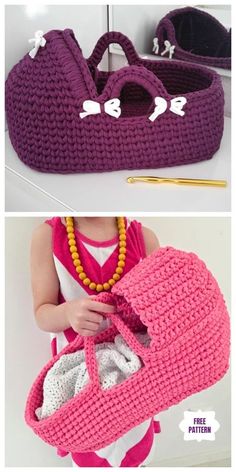 crocheted purses are being displayed in two different pictures, one is pink and the other is purple