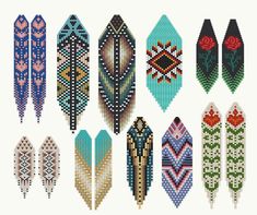 an assortment of beaded designs from different countries, including the shape and size of feathers