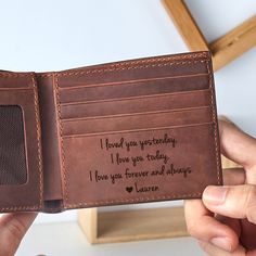 This wallet can be personalized with the monogram of your choice, making a special gift that will be cherished for years to come. You can add a custom message on the inside (up to 20 words) to have a perfect present for groomsmen, husbands, boyfriends or fathers. * Materials: Genuine Leather * Dimensions: 4 3/8"" x 3 1/2"" x 5/8"" (11x9x1.5 cm) * Features: - 1 money slot - 5 card slots - 2 hidden slots. Engraving font: Font design and size is as in photo. If you wish to engrave it bigger, please Cheap Personalized Trifold Wallet Gift, Personalized Mens Wallet, Christmas Wedding Gifts, Engraved Wallet, Papa Gifts, Mens Wallet, Photo Engraving, Clip Wallet, Groomsmen Gift