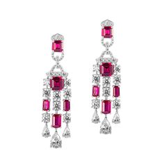 New in! Show stopping earrings made from simulated red rubies, cz stones and sterling silver Measures 5 cm in length Sku GAE0163 Luxury Red Ruby Earrings, Evening Ruby Dangle Jewelry, Luxury Red Earrings For Party, Luxury Red Party Earrings, Red Ruby Dangle Chandelier Earrings, Red Diamond Drop Earrings, Red Diamond Drop Earrings For Formal Events, Red Diamond Drop Earrings For Formal Occasions, Red Synthetic Ruby Earrings