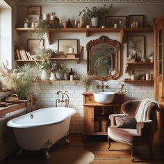 a bathroom with a tub, sink and shelves filled with potted plants on the wall