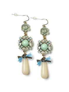 Elegant hanging earrings in neutral, pale green, and blue tones with painted cabochon flowers, a lovely mix of assorted cabochons, and stone bead. Earrings measure 2.25 inches long by 0.65 inches wide. Flower cabochon. Assorted glass and resin cabochons. Antique gold colored plated castings. Assorted ribbons. Quartz bead. Gold filled ear wire. Turquoise Dangle Earrings For Spring, Turquoise Dangle Jewelry For Spring, Art Deco Earrings Vintage, Turquoise Drop Earrings, Art Deco Earrings, Hanging Earrings, Timeless Jewelry, Bead Earrings, Blue Earrings