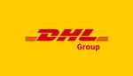 the dhl group logo is shown in red and yellow colors on a yellow background