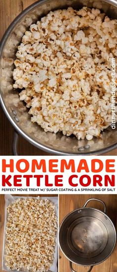 homemade kettle corn in a pot with the words, how to make kettle corn on it