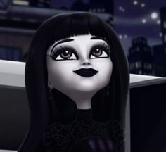 an animated image of a woman with long black hair and big eyes in front of a cityscape