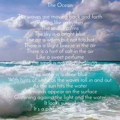 the ocean with waves crashing in front of it and an poem written below that reads,