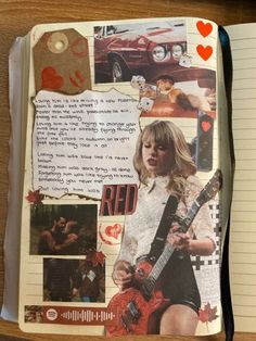 an altered photograph of a girl holding a red guitar in front of a notepad