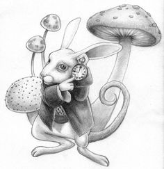 a pencil drawing of a rabbit holding a clock in its paws with mushrooms around it