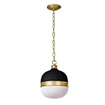 a black and white light hanging from a gold chain