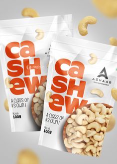 three bags of cashews are shown in front of some falling out of the bag