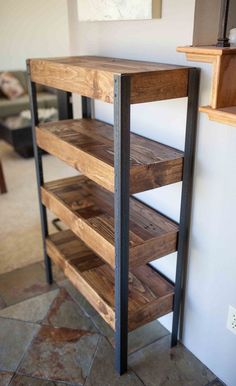 the shelves are made out of wood and metal