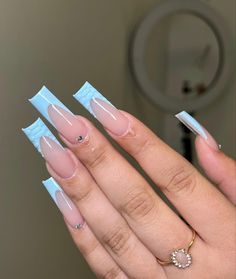 Light Blue Tapered Square Nails, Blue Long French Tip Nails, Light Blue Medium Nails, Basic Baddie Nails Spring, Long Square Acrylic Nails French Tip, Basic Baddie Nails French Tip, Long Light Blue Nails, Baby Blue Square Nails, Nails Baby Blue French