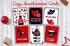 four cards with different designs on them and the words cozy scandinavian crafts written in red