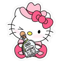 a hello kitty sticker with a bottle in it's lap and a bow on her head