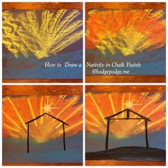 four pictures of fireworks in the sky with text overlaying how to draw nativity in chalk pastels