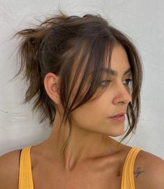 Messy Updo with Long Curtain Bangs Long Curtain Bangs, Short Ponytail, בר מצווה, Long Hair With Bangs, Long Layered Hair, Long Straight Hair, Curtain Bangs, Long Hair Cuts