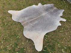 a large cowhide rug on the ground in an open area with grass and leaves