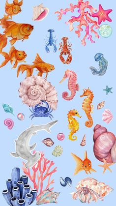 watercolor painting of sea animals and corals on a blue background