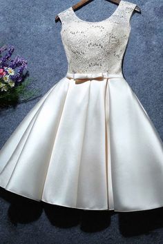 Cute Ivory Satin and Lace Round Neckline Lace-up Teen Formal Dress, Lovely Formal Dresses 2019 White Fitted A-line Satin Dress, Knee-length Satin Dress For Wedding And Prom Season, White Satin Dresses For Prom Season, Sleeveless Cream Satin Dress, Cream Satin Sleeveless Dress, Cream Sleeveless Satin Dress, White Sleeveless Satin Bridesmaid Dress, White Satin Summer Prom Dress, White Sleeveless Satin Dress For Formal Occasions