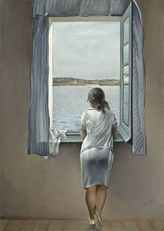 a painting of a woman looking out a window at the water from behind her is a curtain