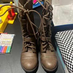 These Are New Never Worn. Soda Boots, Heeled Combat Boots, Tall Lace Up Boots, Chunky Heel Ankle Boots, Soda Shoes, Womens Combat Boots, Lace Up Combat Boots, Boot Cuffs, Lace Up Ankle Boots