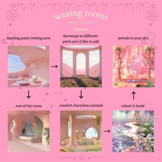 the inside of a pink room with pictures and text describing it's different rooms