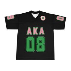 a black jersey with green and pink letters on the chest, which reads aka 08