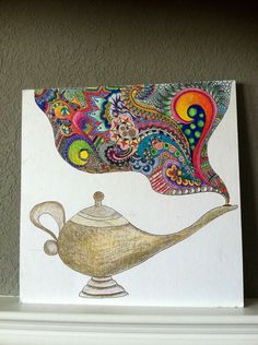 a drawing of a teapot on top of a white shelf next to a wall