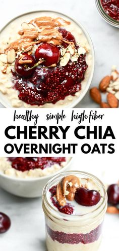 cherry chia overnight oatmeal with almonds and cherries on top