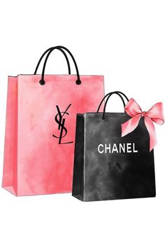 two pink and black shopping bags with the word chanel on them, one has a bow