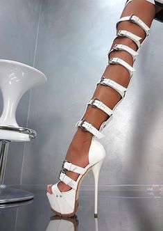 Sexy Strap Design Buckle Over Knee Platform Thigh Gladiator Boots Cut-out Black White Patent Leather Knee High Platform Boots, High Heels Classy, Gladiator Boots, Pointy Toe Heels, Heels Classy, Celeb Style, White Shoes Women, Platform High Heels, Leather High Heels