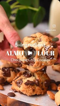 chocolate chip cookies stacked on top of each other with the words, 5 ingredient almond lover