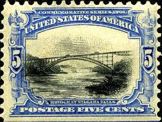 an old postage stamp with a bridge in the background