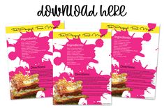 three brochures with pink and yellow designs on them, one has a piece of cake