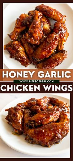 honey garlic chicken wings on a plate with the words honey garlic chicken wings above it