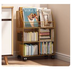 a book shelf with books and magazines on it