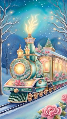 a painting of a train going down the tracks in the snow with trees and flowers