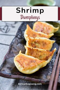 shrimp dumplings on a plate with chopsticks next to it and the title overlay reads shrimp dumplings