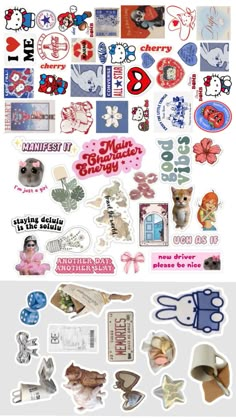 an assortment of stickers and decals on a white background with the words hello kitty