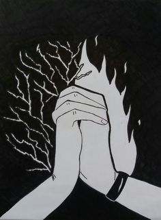 a black and white drawing of a woman holding her hands to her face with flames coming out of the background