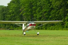 a small plane is parked on the grass in front of some trees and green grass