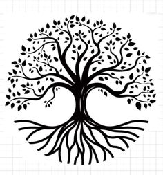 a black and white drawing of a tree with its roots in the shape of a circle