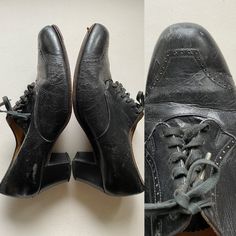 "Sweet vintage 1930s leather lace up shoes. Has wear on the underside/soles as shown in photos Measurements: 10\" length  3.5\" width 2\" heel" Plain Toe Oxfords With Lace-up Fastening For Derby, Plain Toe Oxfords With Front Lace-up For Derby, Formal Oxfords With Front Lace-up And Round Toe, Formal Oxfords With Front Lace-up Fastening And Round Toe, Formal Round Toe Lace-up Oxfords, Vintage Oxfords With Laces And Round Toe, Formal Oxford Shoes With Lace-up Fastening, Formal Lace-up Oxfords With Front Fastening, Vintage Black Lace-up Shoes With Round Toe