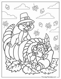 thanksgiving coloring pages for kids with turkey and pilgrim hat on the ground in front of fall leaves