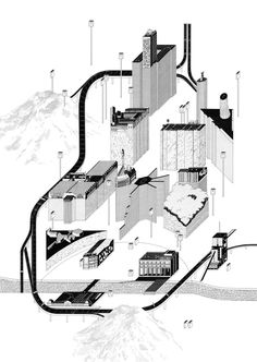 an architectural drawing of a building surrounded by mountains