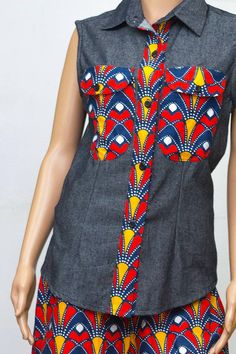 African Print Ankara Sleeveless Denim Top Shirt and Ankara African Print Short set. Denim and Ankara mix, Ankara Short set with Ankara Denim Shirt Top available in US Size 8-14. I can also make this in a Different Print for you and in any Size, so do hit me up. Thank you for choosing Berry Africana. Sleeveless Patchwork Denim Vest, Sleeveless Patchwork Denim Vest For Summer, Summer Sleeveless Patchwork Denim Vest, Summer Sleeveless Denim Vest With Patchwork, Sleeveless Cotton Denim Top, Basic Blouse Pattern, Edo Brides, Ankara Short, Nigerian Bride