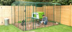 a man kneeling down in front of a green rabbit hutch with two rabbits inside