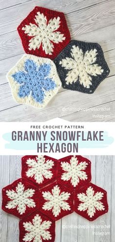 crocheted granny snowflake hexagon is shown in three different colors