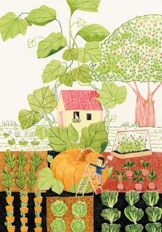 a drawing of a person tending to plants